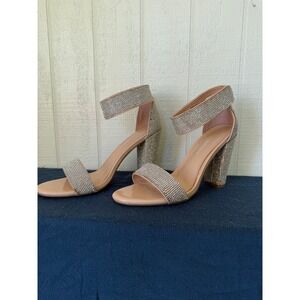 Persona Rhinestone Block Heel Sandals Nude Crystal Ankle Strap Heels 8.5